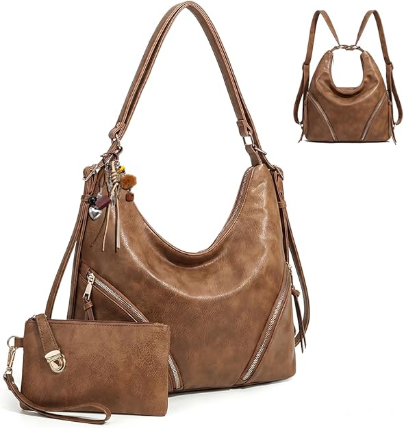 PU Leather Hobo Bag Backpack/Shoulder Bag, Pouch, & Charm