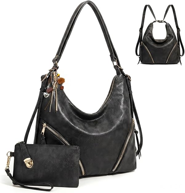PU Leather Hobo Bag Backpack/Shoulder Bag, Pouch, & Charm