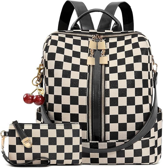 Large Checkered Backpack & Cherry Pendant
