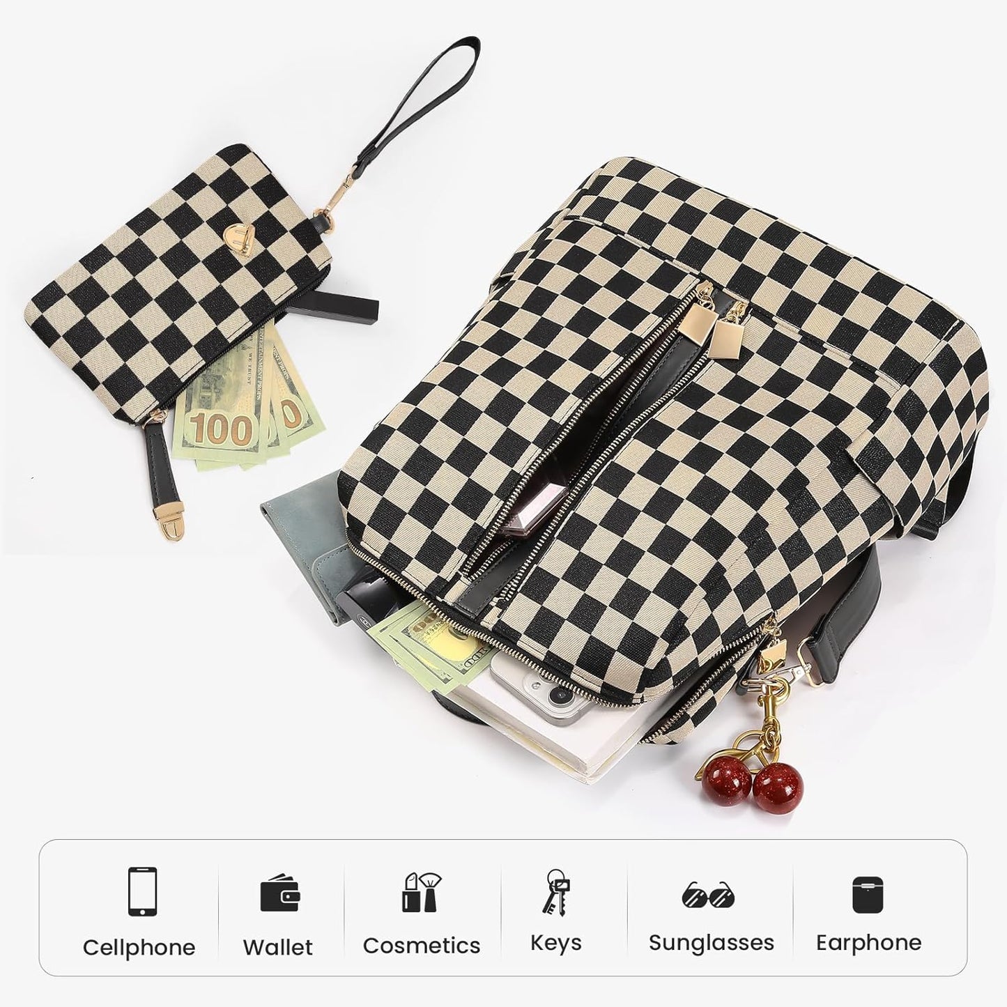 Large Checkered Backpack/Purses & Cherry Pendant